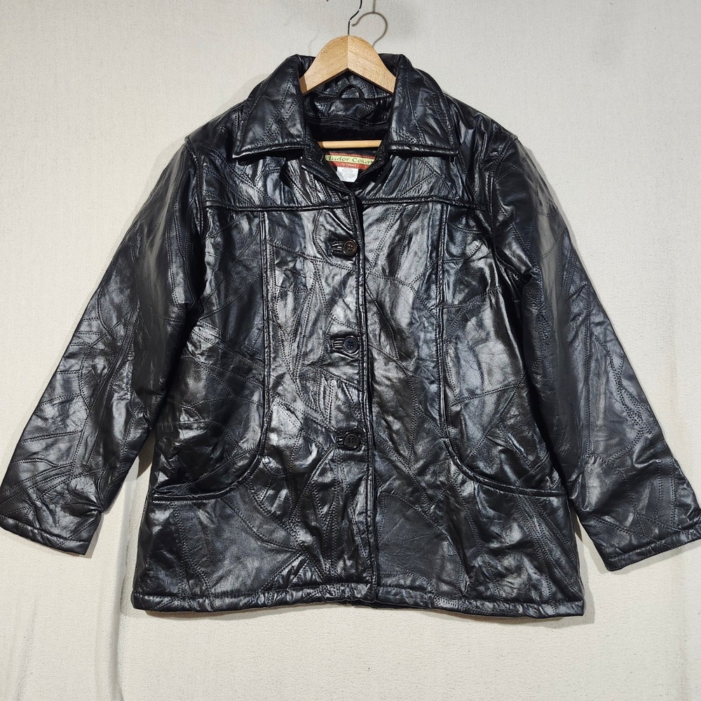 Tudor Court by Haband Black Patchwork Leather Jacket Removable Fur Lining W PL